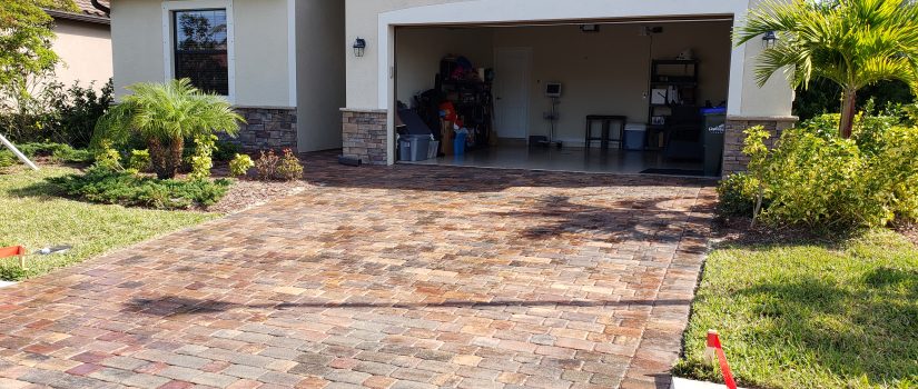 Residential driveway pavers framed by palms and a planted garden