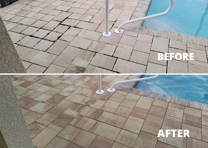 Before and after photos of pavers beside a swimming pool cleaned and sealed by Seal My Pavers