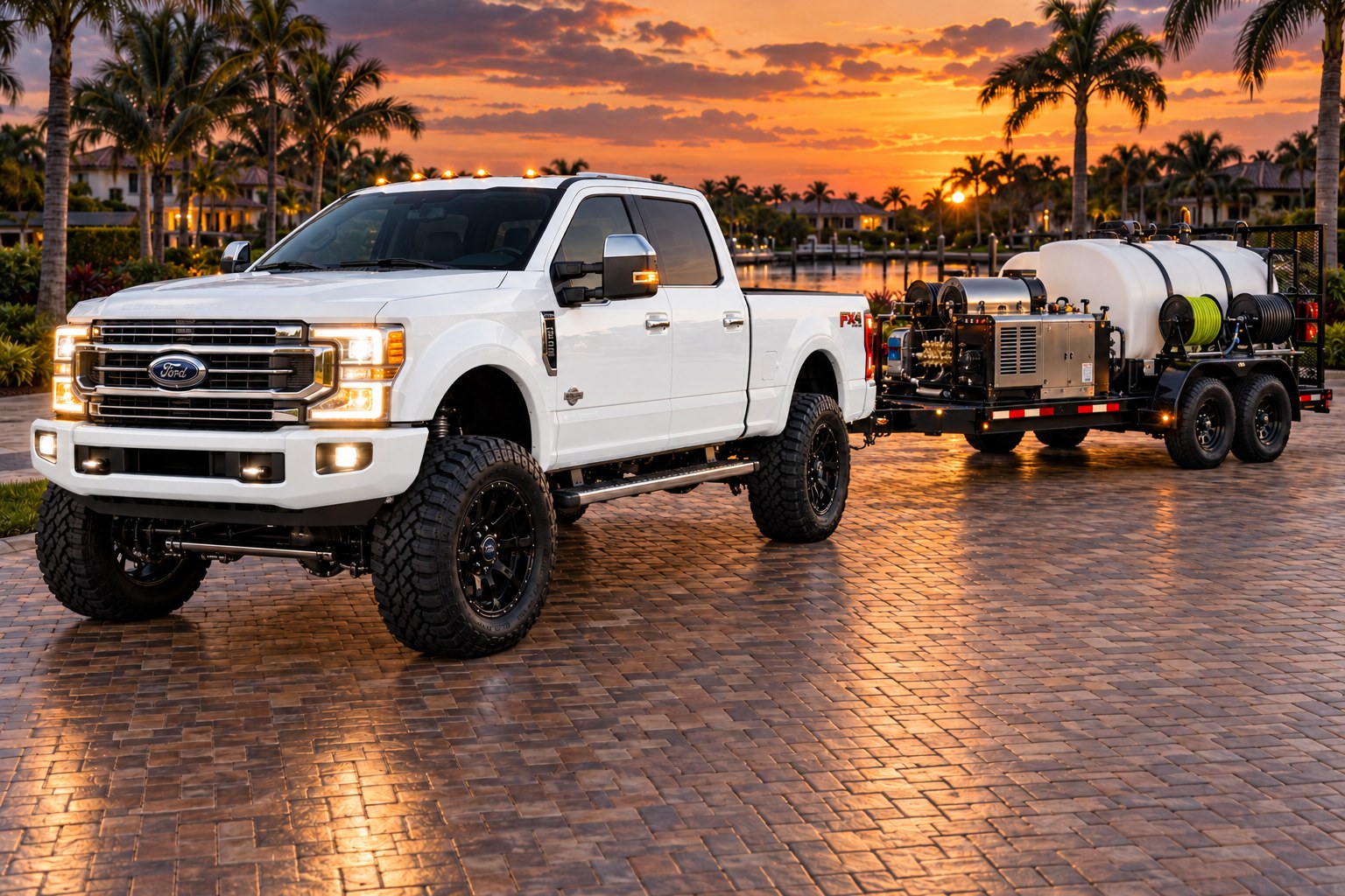 White lifted Ford F-250 with black rims, front lights on, and a black tandem-axle pressure washing trailer